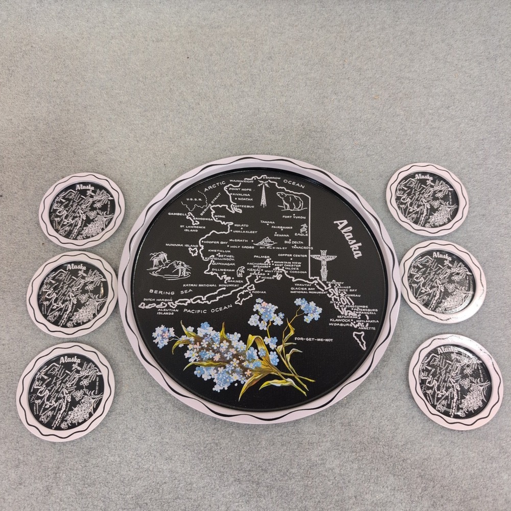 Vintage Alaska State Map Metal Serving Tray and Coaster Set Forget-Me-Not 7pc - Picture 1 of 5